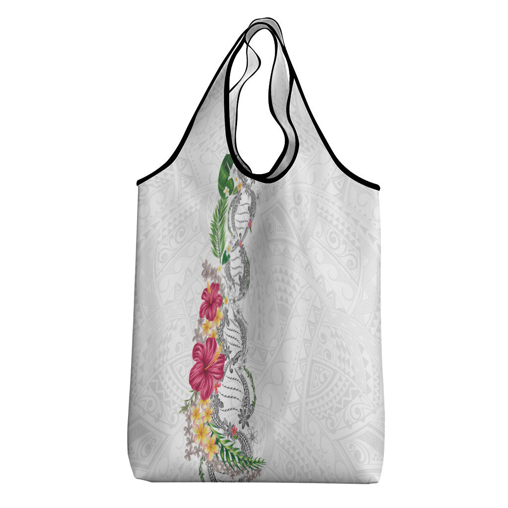 Hawaii DNA Kakau Tattoo Grocery Bag with Plumeria and Hibiscus Tropical Plants White Color LT03 - Polynesian Pride