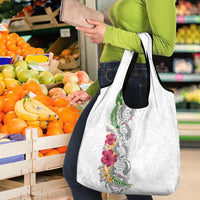 Hawaii DNA Kakau Tattoo Grocery Bag with Plumeria and Hibiscus Tropical Plants White Color LT03 - Polynesian Pride