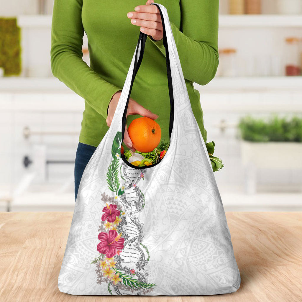 Hawaii DNA Kakau Tattoo Grocery Bag with Plumeria and Hibiscus Tropical Plants White Color LT03 - Polynesian Pride