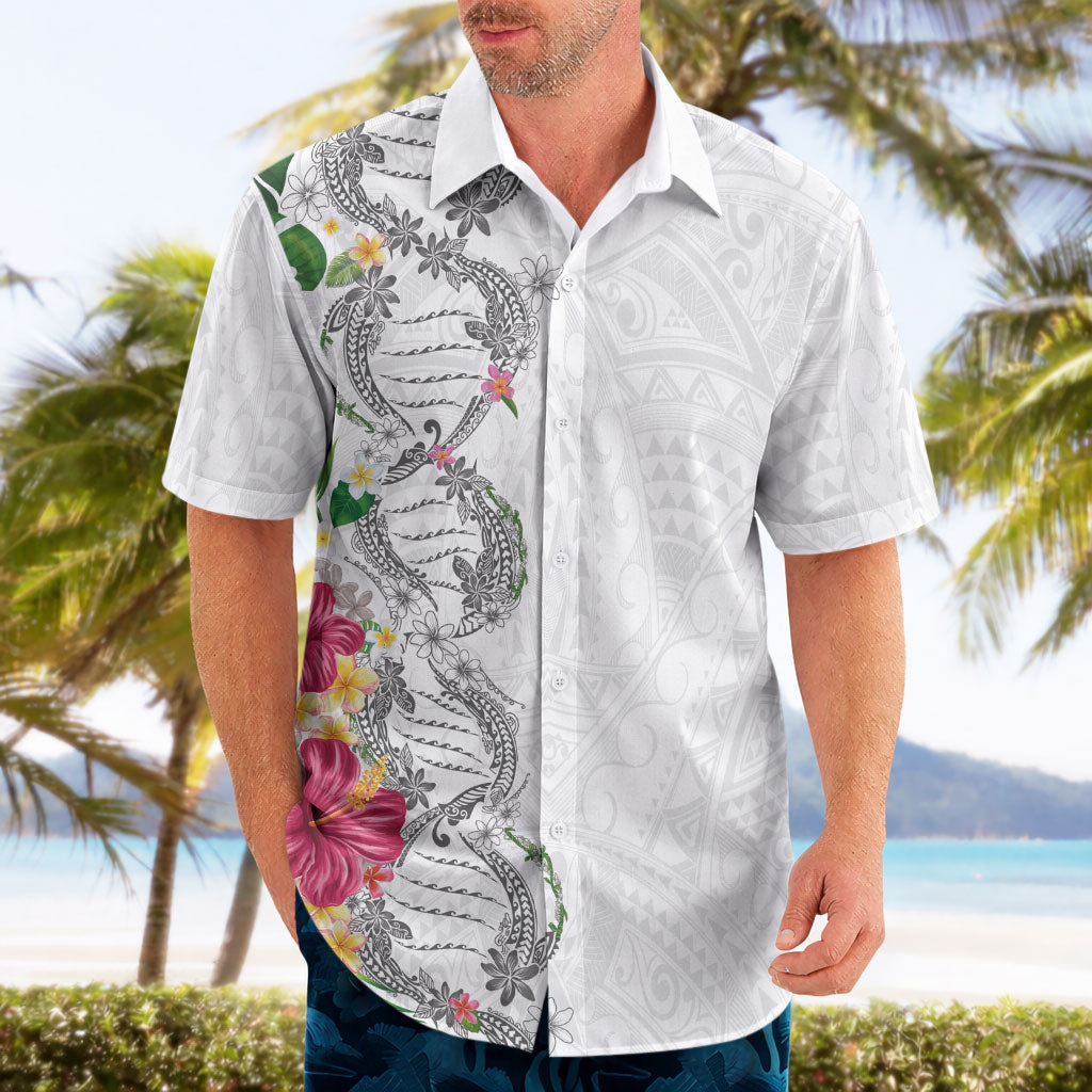 Hawaii DNA Kakau Tattoo Hawaiian Shirt with Plumeria and Hibiscus Tropical Plants White Color