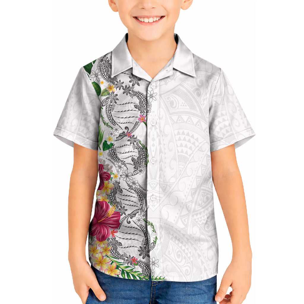 Hawaii DNA Kakau Tattoo Kid Hawaiian Shirt with Plumeria and Hibiscus Tropical Plants White Color LT03 Kid White - Polynesian Pride