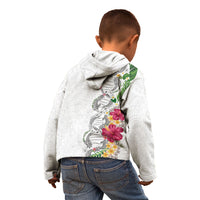 Hawaii DNA Kakau Tattoo Kid Hoodie with Plumeria and Hibiscus Tropical Plants White Color