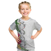 Hawaii DNA Kakau Tattoo Kid T Shirt with Plumeria and Hibiscus Tropical Plants White Color
