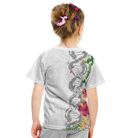 Hawaii DNA Kakau Tattoo Kid T Shirt with Plumeria and Hibiscus Tropical Plants White Color