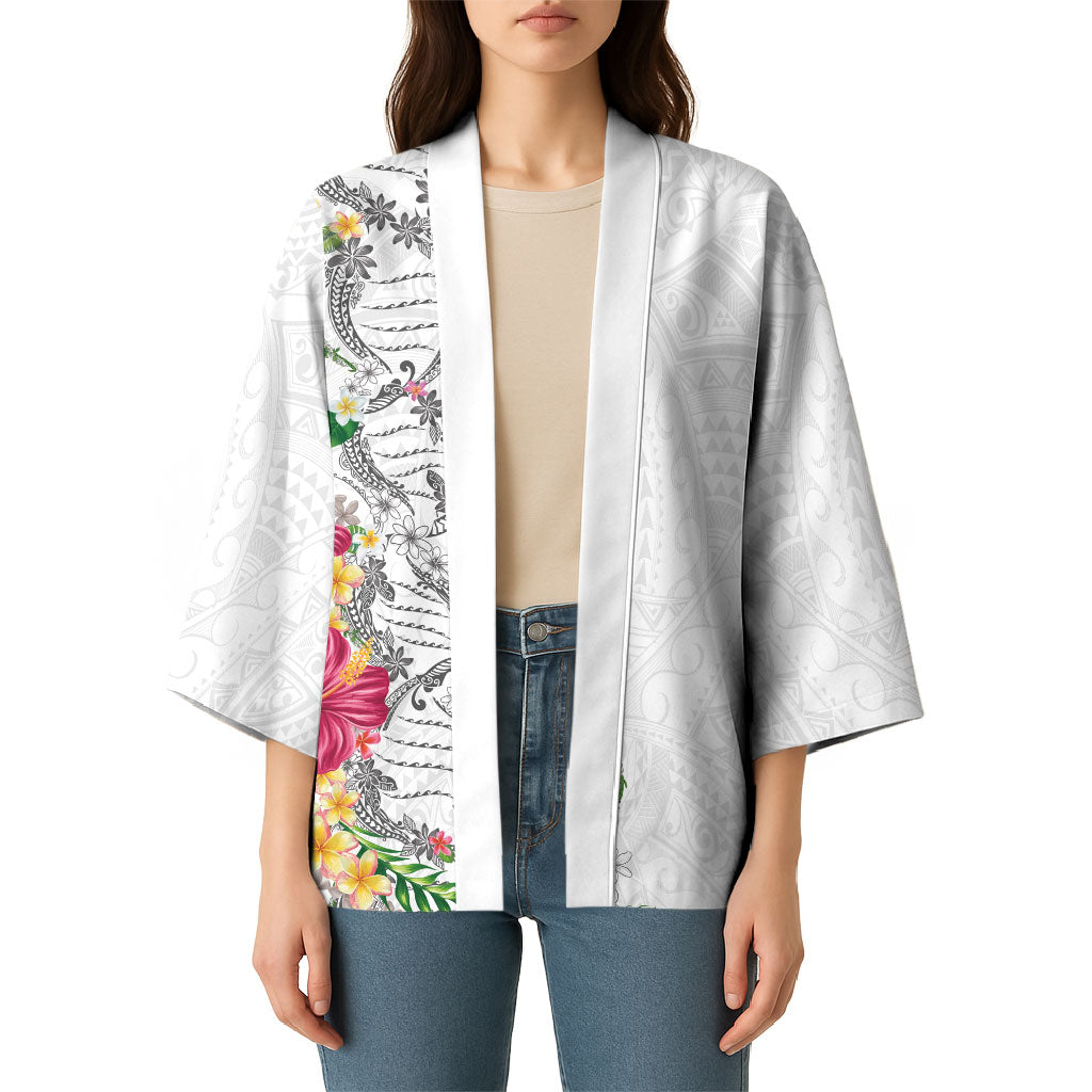 Hawaii DNA Kakau Tattoo Kimono with Plumeria and Hibiscus Tropical Plants White Color