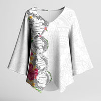 Hawaii DNA Kakau Tattoo Kimono Sleeve Blouse with Plumeria and Hibiscus Tropical Plants White Color