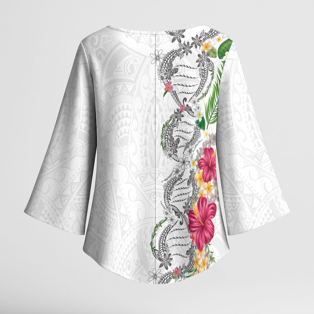 Hawaii DNA Kakau Tattoo Kimono Sleeve Blouse with Plumeria and Hibiscus Tropical Plants White Color