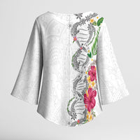 Hawaii DNA Kakau Tattoo Kimono Sleeve Blouse with Plumeria and Hibiscus Tropical Plants White Color