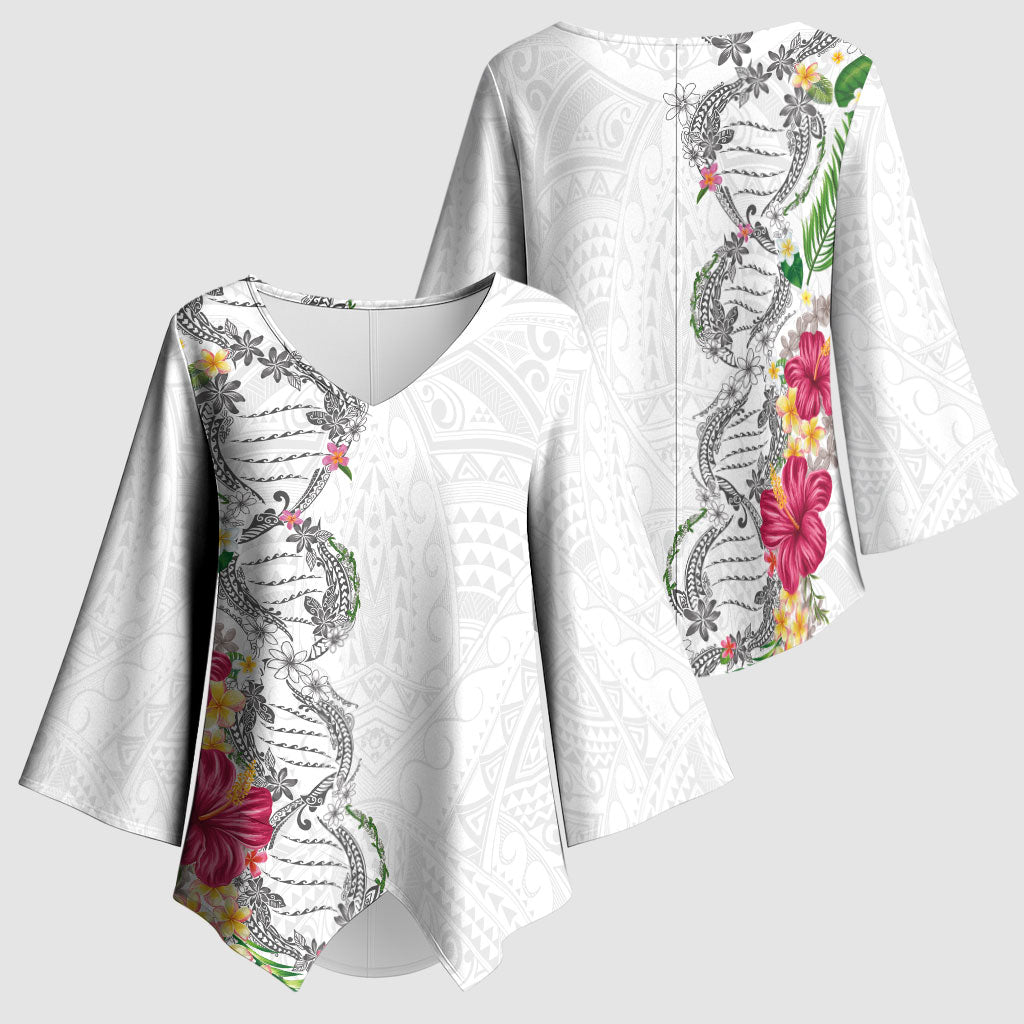 Hawaii DNA Kakau Tattoo Kimono Sleeve Blouse with Plumeria and Hibiscus Tropical Plants White Color