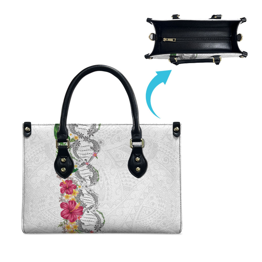 Hawaii DNA Kakau Tattoo Leather Bag with Plumeria and Hibiscus Tropical Plants White Color