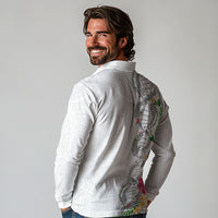 Hawaii DNA Kakau Tattoo Long Sleeve Polo Shirt with Plumeria and Hibiscus Tropical Plants White Color