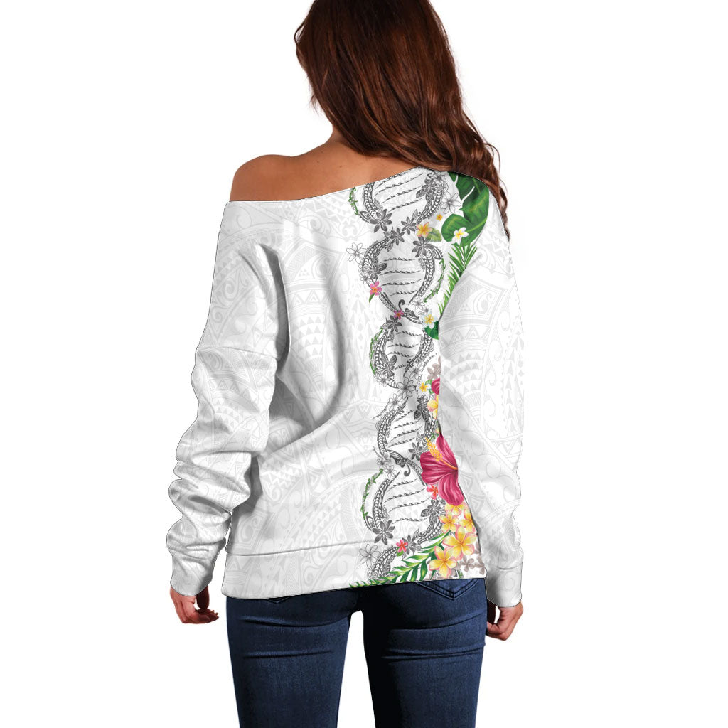 Hawaii DNA Kakau Tattoo Off Shoulder Sweater with Plumeria and Hibiscus Tropical Plants White Color