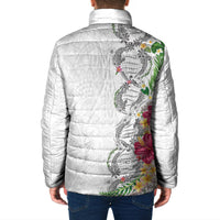 Hawaii DNA Kakau Tattoo Padded Jacket with Plumeria and Hibiscus Tropical Plants White Color