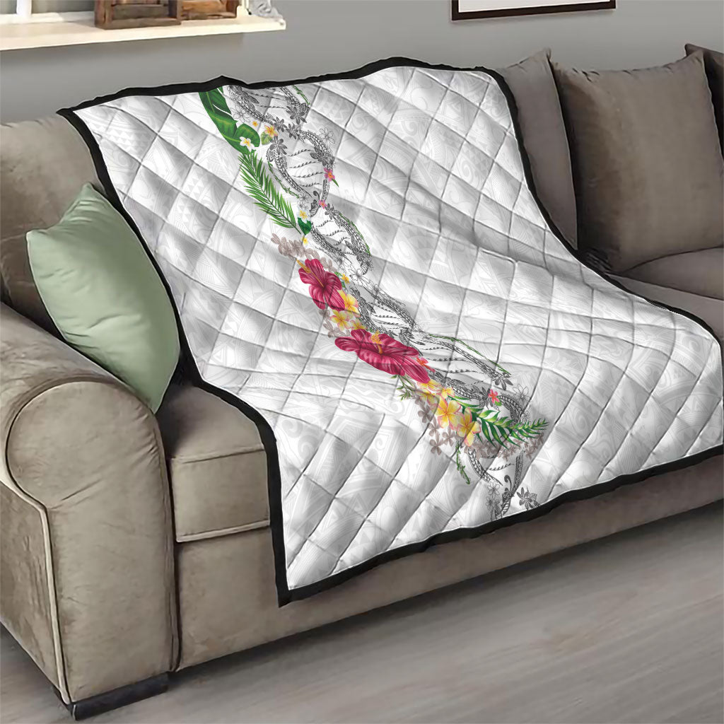 Hawaii DNA Kakau Tattoo Quilt with Plumeria and Hibiscus Tropical Plants White Color