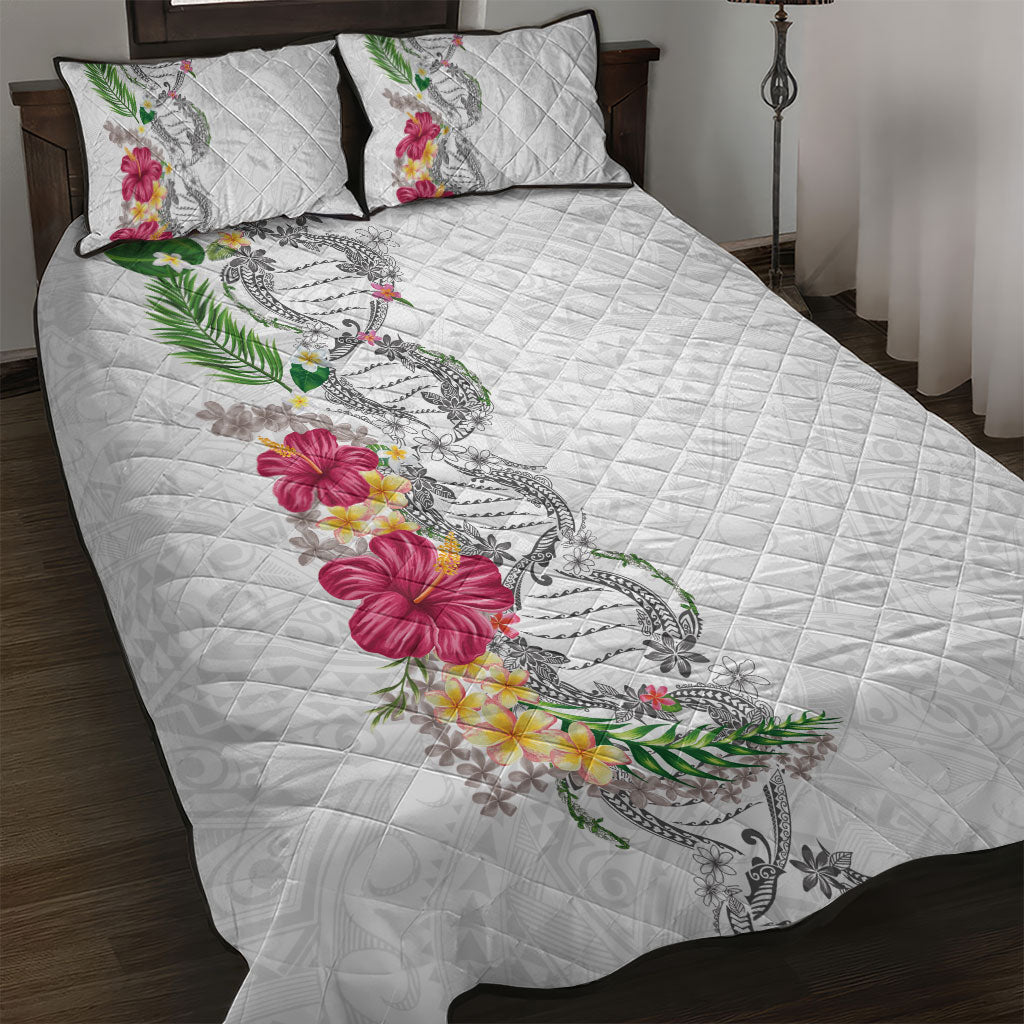 Hawaii DNA Kakau Tattoo Quilt Bed Set with Plumeria and Hibiscus Tropical Plants White Color LT03 White - Polynesian Pride