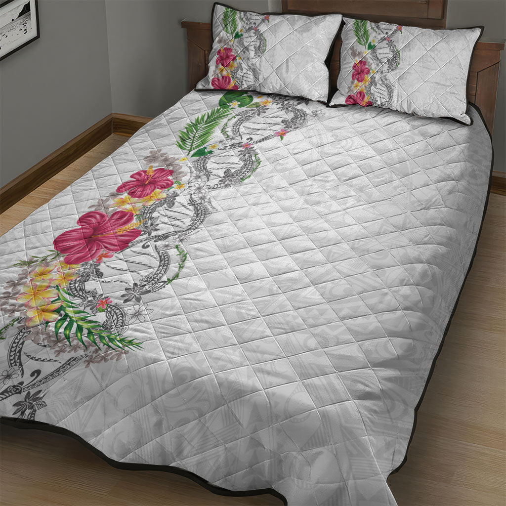 Hawaii DNA Kakau Tattoo Quilt Bed Set with Plumeria and Hibiscus Tropical Plants White Color LT03 - Polynesian Pride