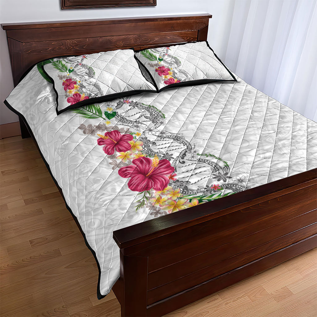 Hawaii DNA Kakau Tattoo Quilt Bed Set with Plumeria and Hibiscus Tropical Plants White Color LT03 - Polynesian Pride