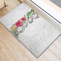 Hawaii DNA Kakau Tattoo Rubber Doormat with Plumeria and Hibiscus Tropical Plants White Color LT03 - Polynesian Pride
