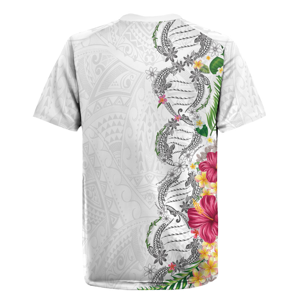 Hawaii DNA Kakau Tattoo Rugby Jersey with Plumeria and Hibiscus Tropical Plants White Color