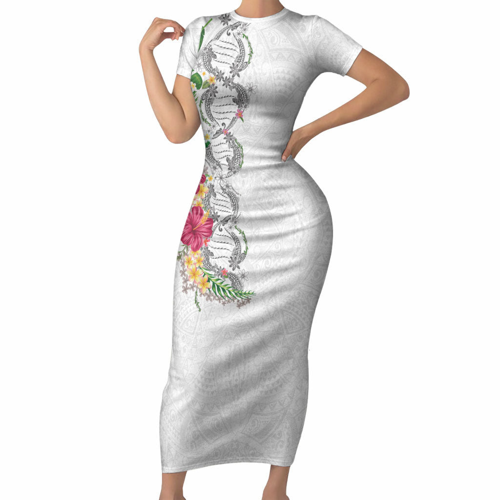 Hawaii DNA Kakau Tattoo Short Sleeve Bodycon Dress with Plumeria and Hibiscus Tropical Plants White Color