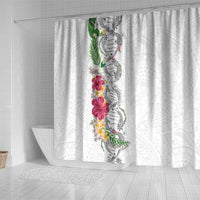 Hawaii DNA Kakau Tattoo Shower Curtain with Plumeria and Hibiscus Tropical Plants White Color LT03 - Polynesian Pride