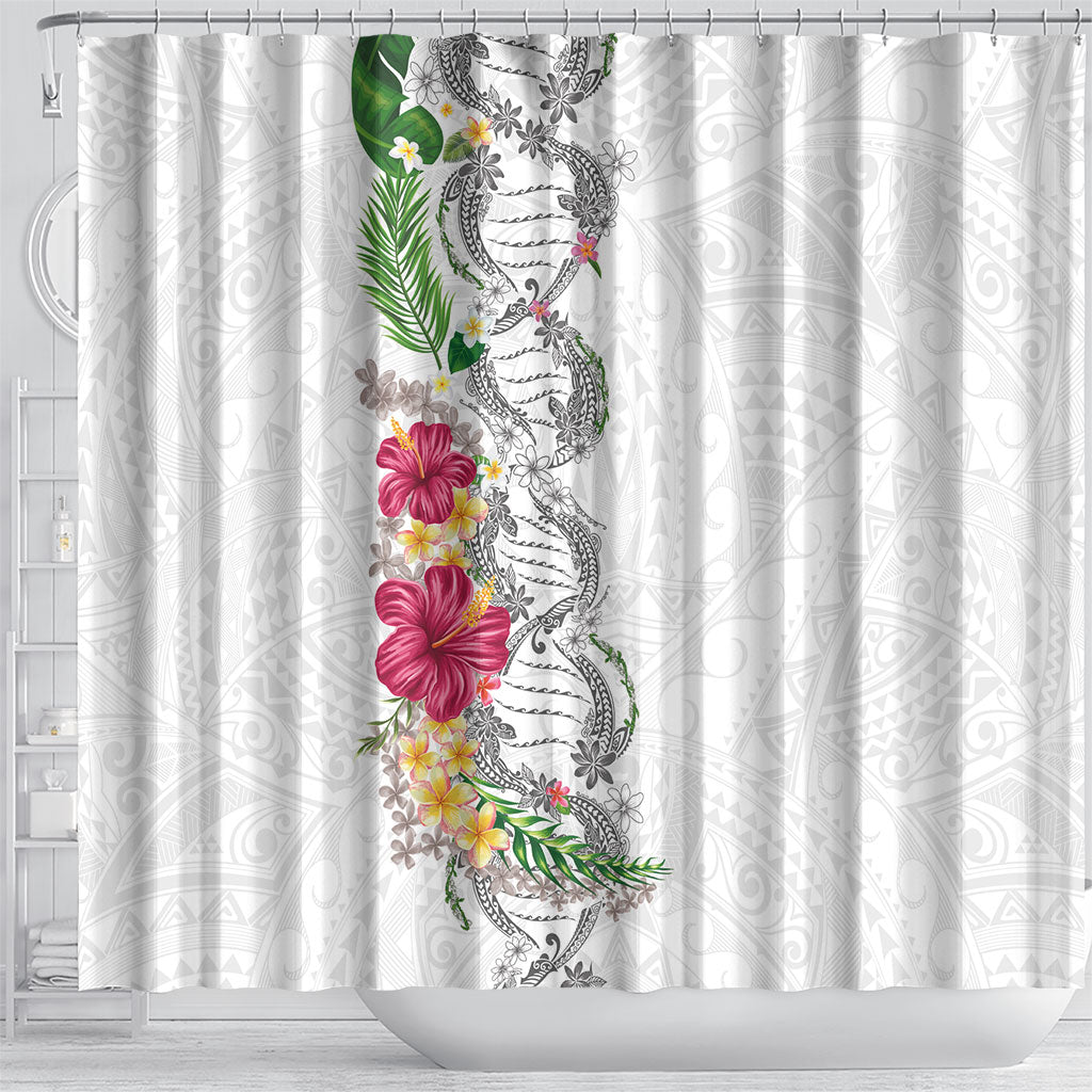 Hawaii DNA Kakau Tattoo Shower Curtain with Plumeria and Hibiscus Tropical Plants White Color LT03 - Polynesian Pride