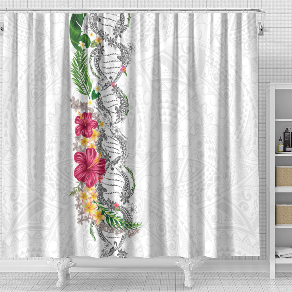 Hawaii DNA Kakau Tattoo Shower Curtain with Plumeria and Hibiscus Tropical Plants White Color LT03 - Polynesian Pride