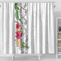 Hawaii DNA Kakau Tattoo Shower Curtain with Plumeria and Hibiscus Tropical Plants White Color LT03 - Polynesian Pride