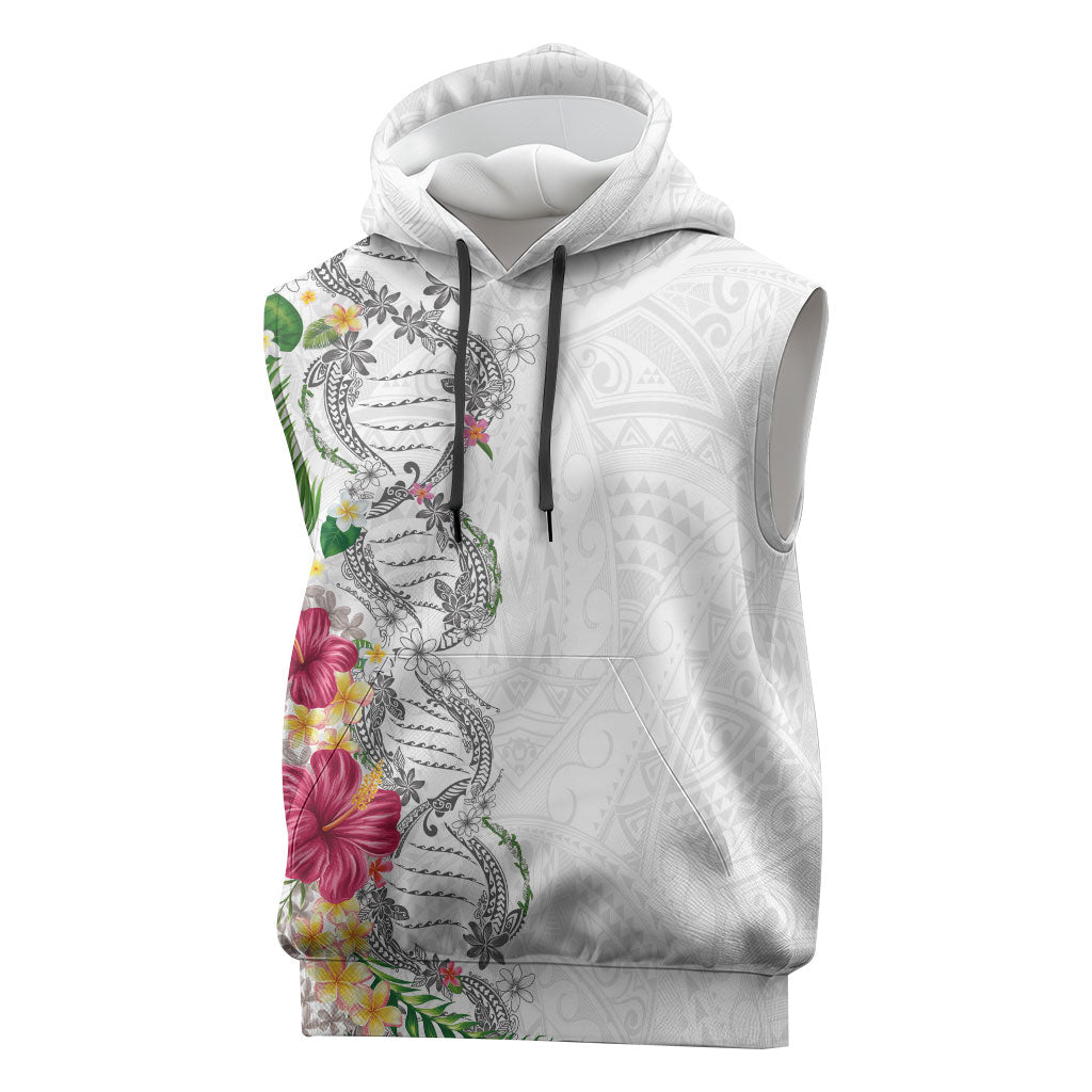 Hawaii DNA Kakau Tattoo Sleeveless Hoodie with Plumeria and Hibiscus Tropical Plants White Color