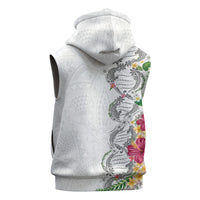 Hawaii DNA Kakau Tattoo Sleeveless Hoodie with Plumeria and Hibiscus Tropical Plants White Color