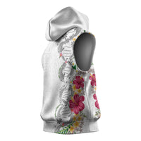 Hawaii DNA Kakau Tattoo Sleeveless Hoodie with Plumeria and Hibiscus Tropical Plants White Color