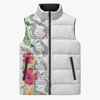Hawaii DNA Kakau Tattoo Sleeveless Puffer Jacket with Plumeria and Hibiscus Tropical Plants White Color