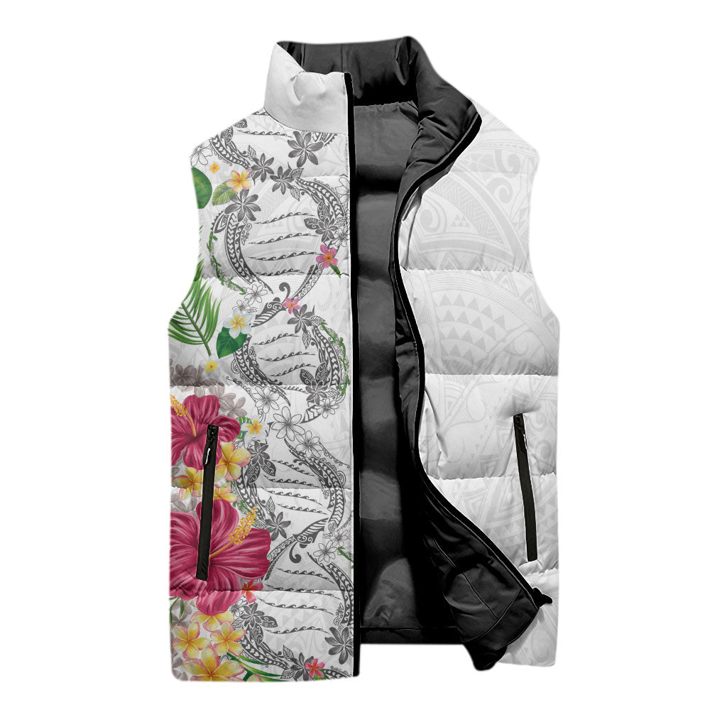 Hawaii DNA Kakau Tattoo Sleeveless Puffer Jacket with Plumeria and Hibiscus Tropical Plants White Color