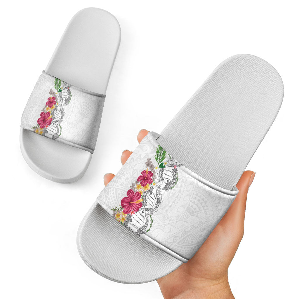 Hawaii DNA Kakau Tattoo Slide Sandals with Plumeria and Hibiscus Tropical Plants White Color LT03 - Polynesian Pride