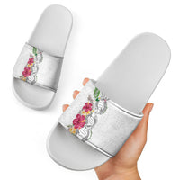 Hawaii DNA Kakau Tattoo Slide Sandals with Plumeria and Hibiscus Tropical Plants White Color LT03 - Polynesian Pride