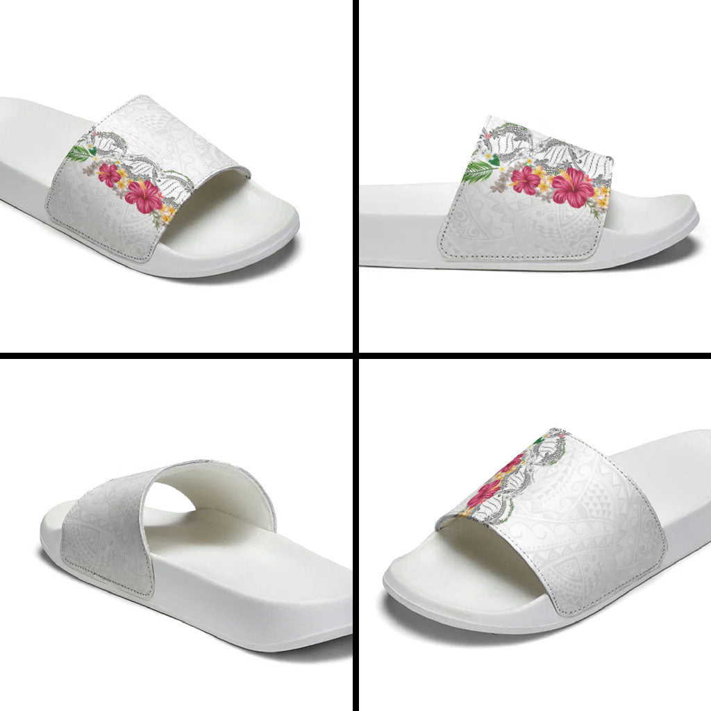 Hawaii DNA Kakau Tattoo Slide Sandals with Plumeria and Hibiscus Tropical Plants White Color LT03 - Polynesian Pride