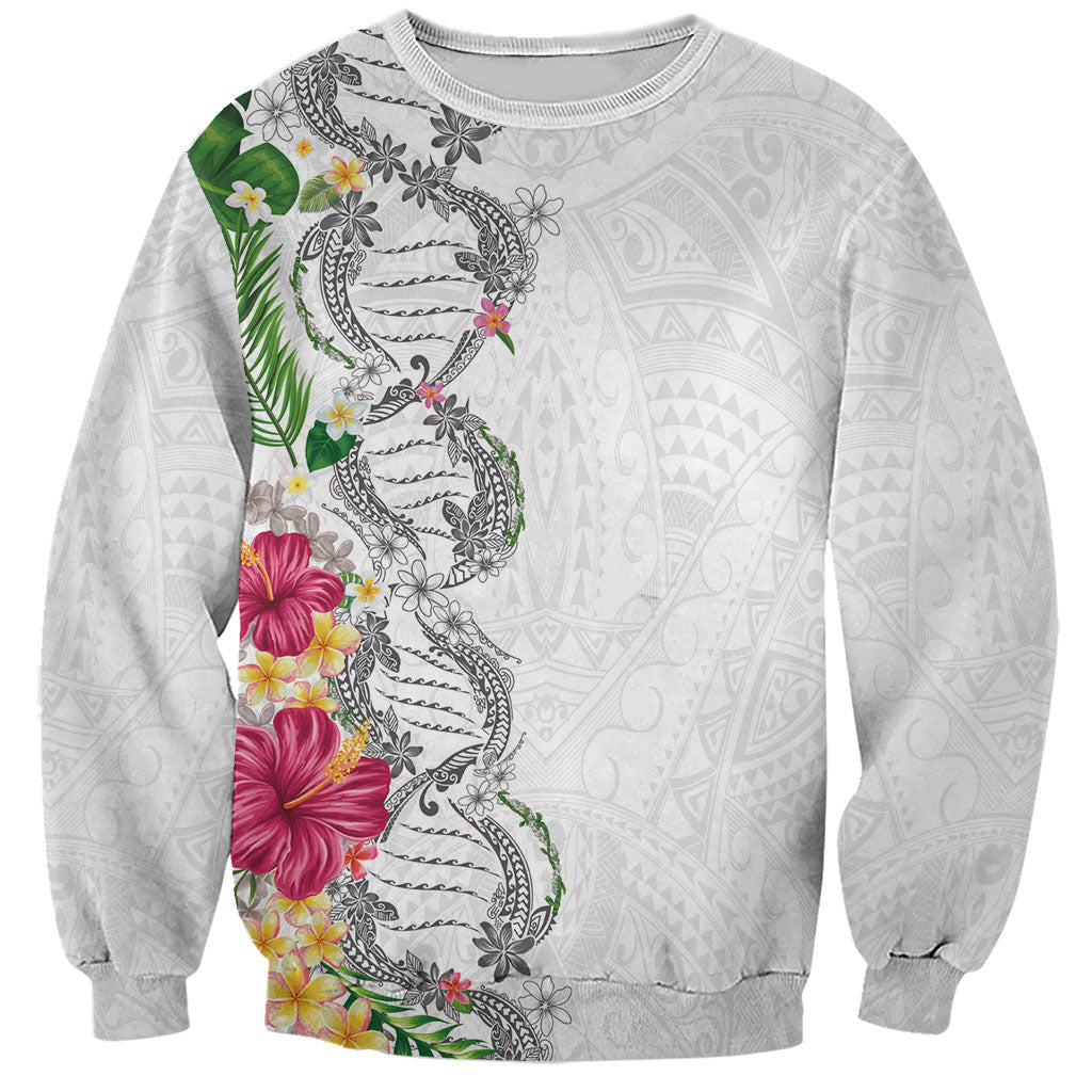 Hawaii DNA Kakau Tattoo Sweatshirt with Plumeria and Hibiscus Tropical Plants White Color