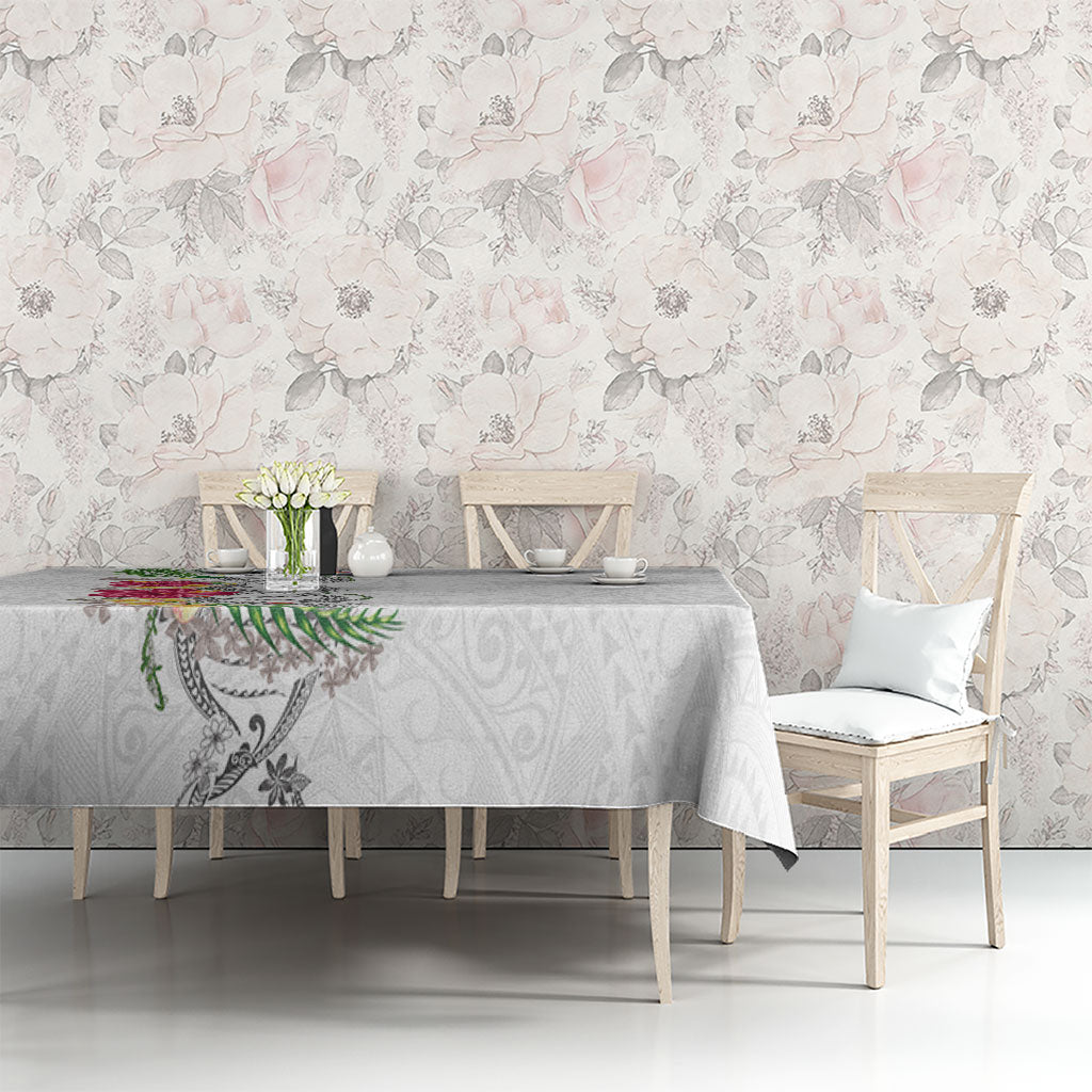 Hawaii DNA Kakau Tattoo Tablecloth with Plumeria and Hibiscus Tropical Plants White Color