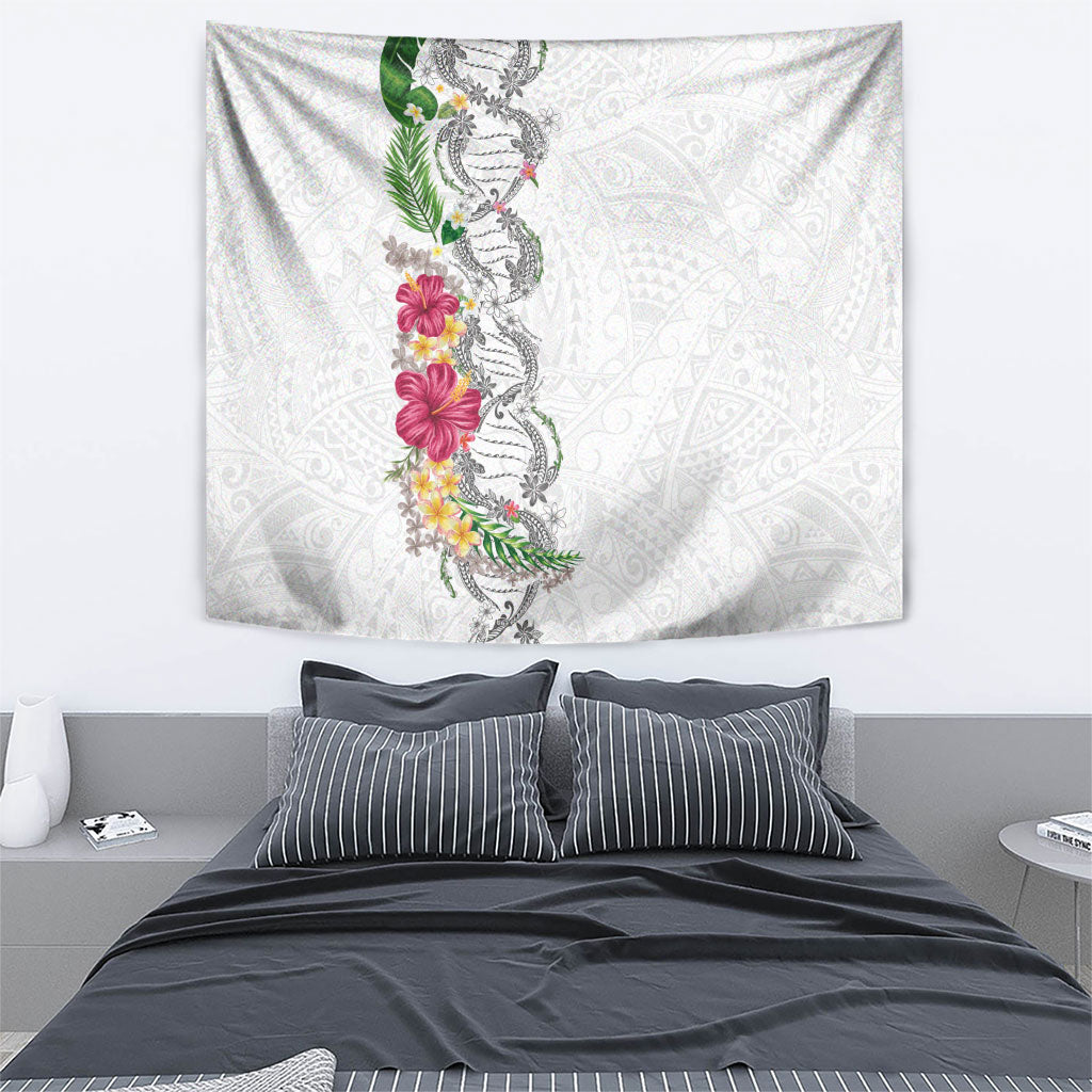 Hawaii DNA Kakau Tattoo Tapestry with Plumeria and Hibiscus Tropical Plants White Color