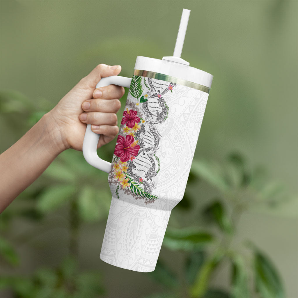 Hawaii DNA Kakau Tattoo Tumbler With Handle with Plumeria and Hibiscus Tropical Plants White Color LT03 - Polynesian Pride