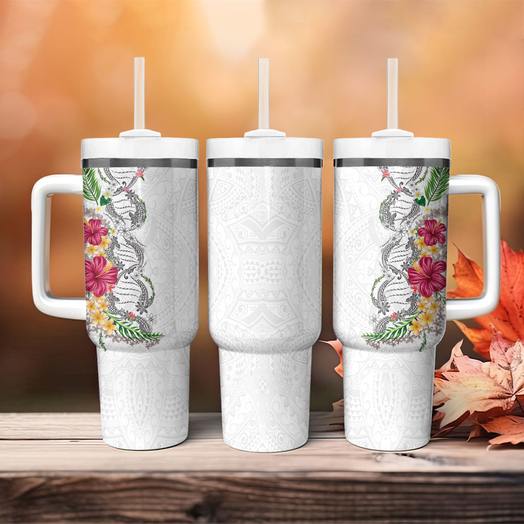Hawaii DNA Kakau Tattoo Tumbler With Handle with Plumeria and Hibiscus Tropical Plants White Color LT03 - Polynesian Pride