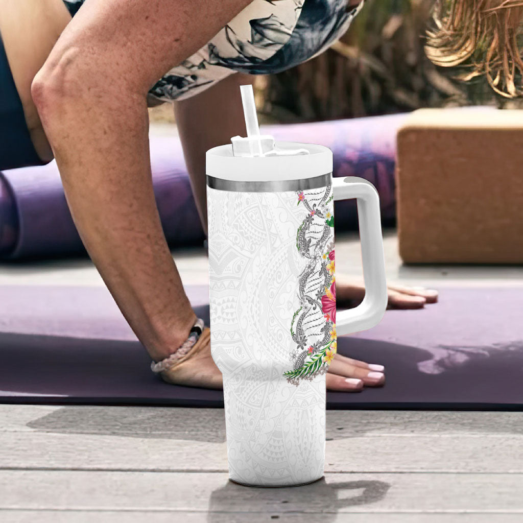 Hawaii DNA Kakau Tattoo Tumbler With Handle with Plumeria and Hibiscus Tropical Plants White Color LT03 - Polynesian Pride