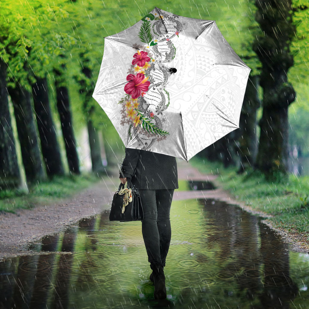 Hawaii DNA Kakau Tattoo Umbrella with Plumeria and Hibiscus Tropical Plants White Color