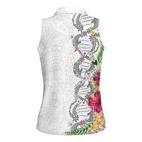 Hawaii DNA Kakau Tattoo Women Sleeveless Polo Shirt with Plumeria and Hibiscus Tropical Plants White Color