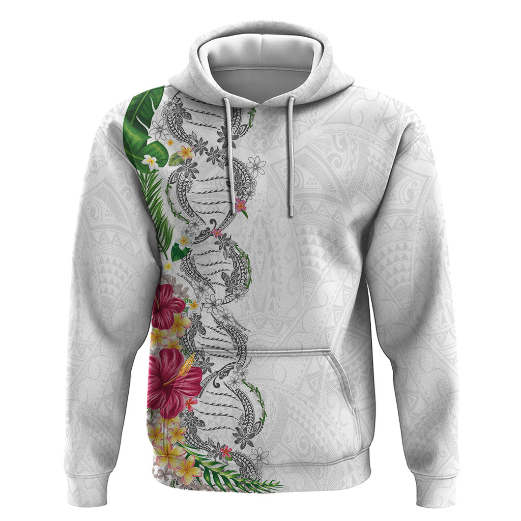 Hawaii DNA Kakau Tattoo Zip Hoodie with Plumeria and Hibiscus Tropical Plants White Color
