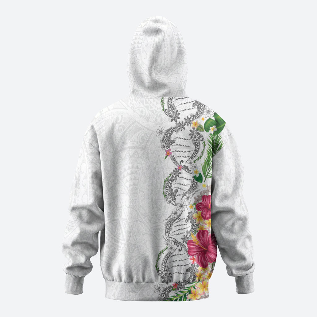 Hawaii DNA Kakau Tattoo Zip Hoodie with Plumeria and Hibiscus Tropical Plants White Color