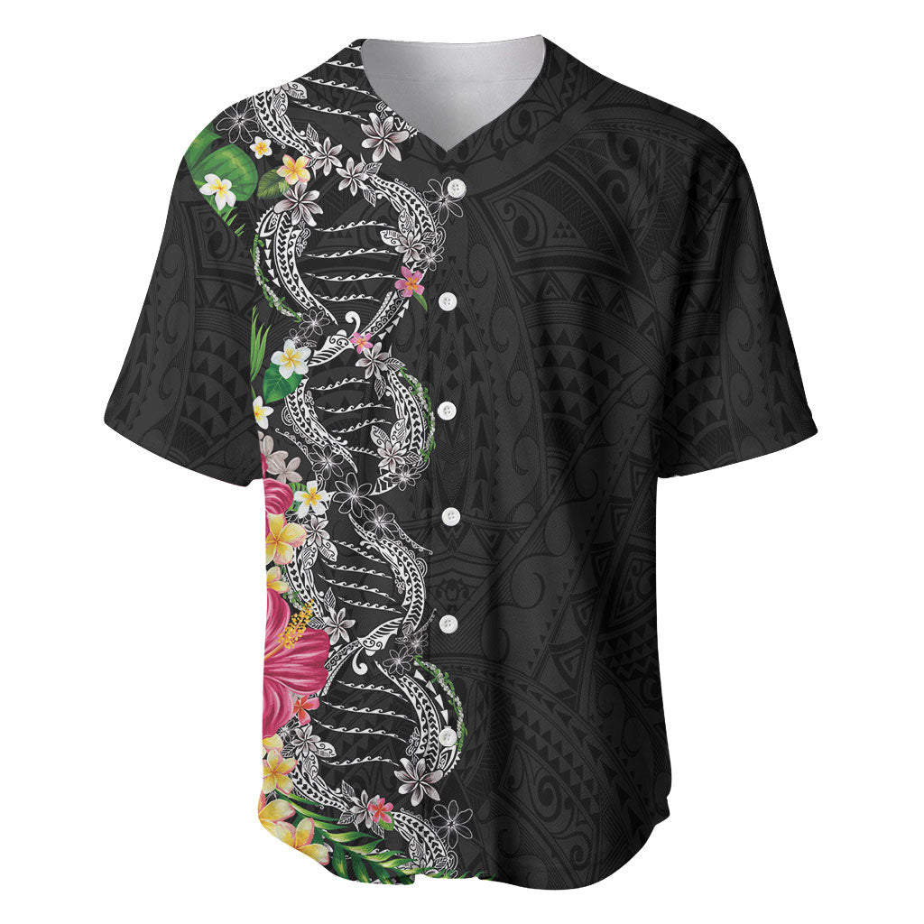 Hawaii DNA Kakau Tattoo Baseball Jersey with Plumeria and Hibiscus Tropical Plants Black Color