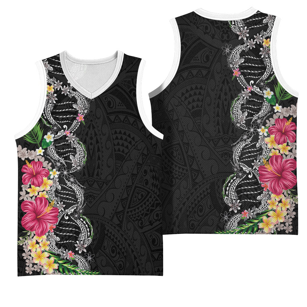 Hawaii DNA Kakau Tattoo Basketball Jersey with Plumeria and Hibiscus Tropical Plants Black Color