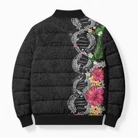 Hawaii DNA Kakau Tattoo Bomber Puffer Jacket with Plumeria and Hibiscus Tropical Plants Black Color