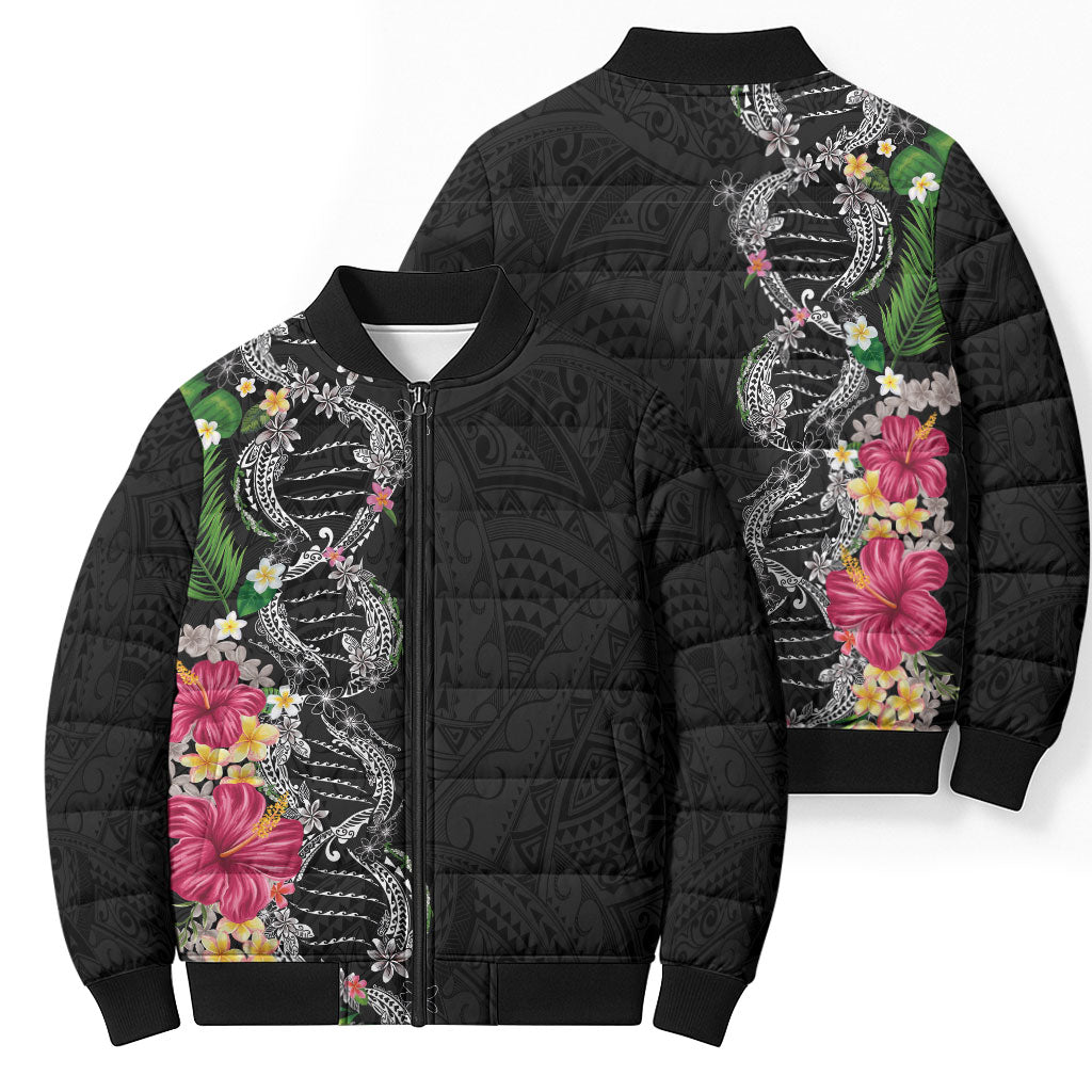 Hawaii DNA Kakau Tattoo Bomber Puffer Jacket with Plumeria and Hibiscus Tropical Plants Black Color